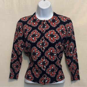 F-136 Crown & Ivy Blue Red & White 1/2 Sleeve Button Down Cardigan Size XS